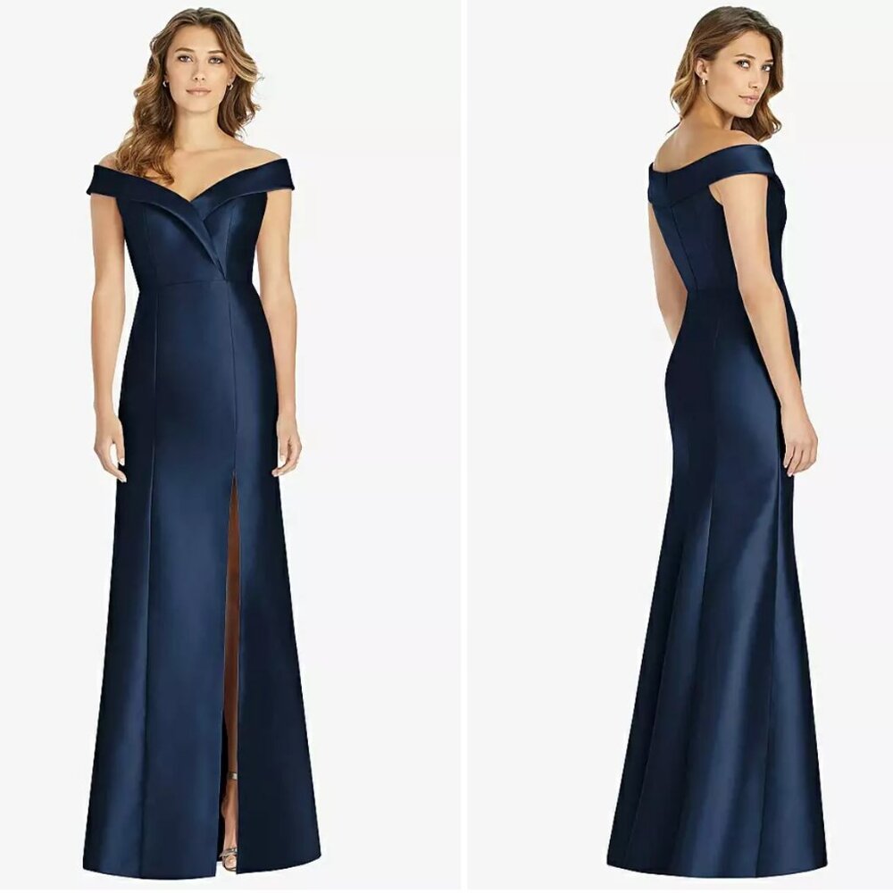 Size 14 - ALFRED SUNG - Off-the-Shoulder Cuff Trumpet Gown Navy NEW $250